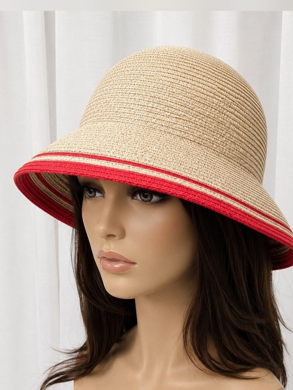 Betmar New York Paper Poly Blend Red Stripe Trim Wide Brim Bell Shape Sun Hat